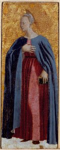 Poliptyk Misericorde: Dziewica Misericorde, otoczona świętymi. Szczegół przedstawiający Dziewicę Zwiastowania. Obraz na drewnie autorstwa Piero della Francesca (1415/20-1492) 1445-1460 wym. 54x21 cm Sansepolcro, Pinacoteca Comunale autorstwa Piero della Francesca