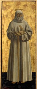 Poliptyk Misericorde: Dziewica Misericorde, otoczona świętymi. Szczegół przedstawiający św. Benedykta z Nursie. Obraz na drewnie autorstwa Piero della Francesca (1415/20-1492) 1445-1460 wym. 54x21 cm Sansepolcro, Pinacoteca Comunale autorstwa Piero della Francesca