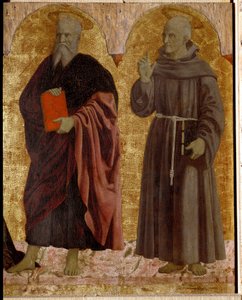 Poliptyk Misericorde: Dziewica Misericorde, otoczona świętymi. Szczegół przedstawiający św. Andrzeja i św. Bernardyna ze Sieny (Bernardino da Siena lub Bernardino degli Albizzeschi autorstwa Piero della Francesca