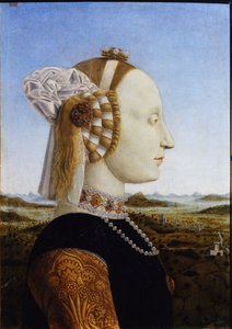 Portret Battisty Sforzy Z sparowanych portretów Federico da Montefeltro i jego żony, księcia i księżnej Urbino, 1472 autorstwa Piero della Francesca