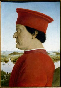 Portrety Federico de Montefeltro, księcia Urbino i Battisty Sforzy. Detal przedstawiający Federico da Montefeltro autorstwa Piero della Francesca