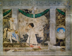 Sigismondo Pandolfo Malatesta, władca Rimini, klęczący przed swoim patronem, świętym Zygmuntem, świętym królem Burgundii (fresk) autorstwa Piero della Francesca