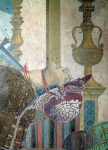 Legenda o prawdziwym krzyżu, bitwa pod Herakliuszem i Chosroes, fragment mężczyzny z poderżniętym gardłem, ukończony fresk z 1464 roku autorstwa Piero della Francesca