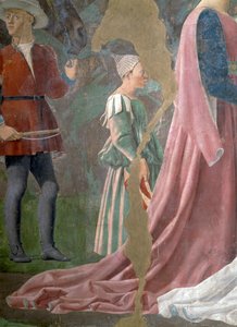 Legenda o prawdziwym krzyżu, królowa Saby wielbiąca drzewo krzyża, szczegół sługi, ukończony fresk z 1464 r. autorstwa Piero della Francesca