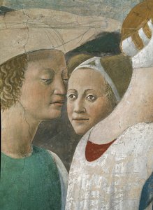 Legenda o prawdziwym krzyżu, królowa Saby czcząca drzewo krzyża, fragment dwóch pomocników, ukończony fresk z 1464 r. autorstwa Piero della Francesca
