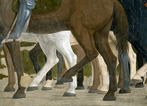 Legenda o prawdziwym krzyżu, zwycięstwo Konstantyna w bitwie pod mostem Mulwijskim, fragment kopyt konia, ukończony fresk z 1464 r.