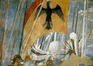 Legenda o prawdziwym krzyżu, zwycięstwo Konstantyna w bitwie pod mostem Mulwijskim, fragment sztandaru, ukończony fresk z 1464 r. autorstwa Piero della Francesca