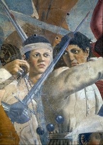 Legenda o prawdziwym krzyżu, zwycięstwo Herakliusza i egzekucja Chosroes, fragment Herakliusza i Chosroes, ukończony fresk z 1464 roku autorstwa Piero della Francesca