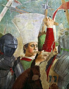 Trębacz, fragment z bitwy pod Herakliuszem i Chosroes, z cyklu Legenda o prawdziwym krzyżu, ukończony 1464 autorstwa Piero della Francesca