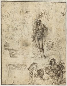 Arkusz do nauki z głowami, figurami i fragmentami architektonicznymi Karta pracy z głowami, figurami i fragmentami architektonicznymi autorstwa Piero di Cosimo (attributed to)