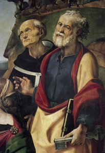 Św. Piotr i św. Filip Benizi, fragment Matki Boskiej z Dzieciątkiem na tronie w otoczeniu świętych (olej i tempera na desce, ok. 1493) autorstwa Piero di Cosimo