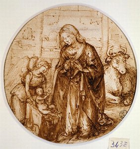 Adoracja Dzieciątka (pióro i atrament na papierze) autorstwa Piero di Cosimo