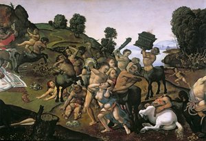 Walka między Lapithami a centaurami (szczegóły centaurów atakujących Lapiths) c.1490 (olej na drewnie)