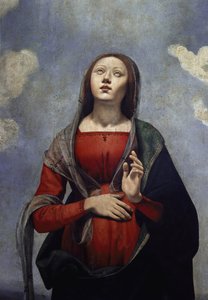 Matka Boska z gołębicą Ducha Świętego nad nią, otoczona sześcioma świętymi. detal (olej na płótnie, ok. 1505)