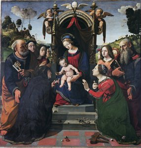 Dziewica z Dzieciątkiem na tronie w otoczeniu świętych (olej i tempera na desce, ok. 1493) autorstwa Piero di Cosimo