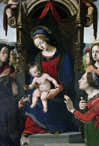 Dziewica z Dzieciątkiem na tronie w otoczeniu świętych, detal (olej i tempera na desce, ok. 1493) autorstwa Piero di Cosimo