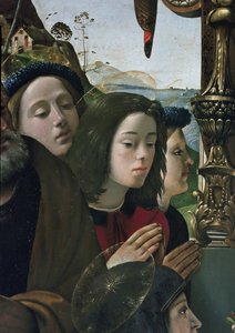 Dziewica z Dzieciątkiem na tronie w otoczeniu świętych, detal (olej i tempera na desce, ok. 1493) autorstwa Piero di Cosimo