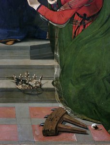 Dziewica z Dzieciątkiem na tronie w otoczeniu świętych, detal (olej i tempera na desce, ok. 1493) autorstwa Piero di Cosimo