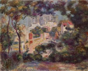 Ogrody Montmartre z widokiem na budowaną bazylikę Sacré-Cœur