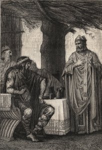 Święty Gregoire z Tours (538-594) (Grzegorz z Tours) przeciwstawiający się Chilperykowi I (539-584), królowi Franków z dynastii Merowingów - rycina autorstwa Pierre