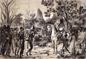 Ceremonia przedstawiająca wodza murzyńskiego królowi Sennarii z „Podróży au Soudan Oriental et dans Afrique Septentrionale” Pierre