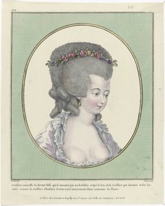 Fryzury, pufy, czapki i czepki: jedenaście fryzur i nakryć głowy Galeria Francuskich Mód i Kostiumów, 1781, oo 218: Nowa Coëffure przód (...)