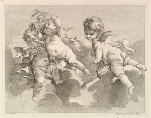 Trzy miłości, jedna trzyma kołczan, druga, winogrona, 1727-60. autorstwa Pierre Alexandre Aveline