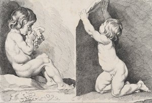 Dwoje nagich dzieci jedzących winogrona, z New Book of Children, 1720-60.