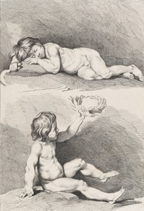 Dwoje nagich dzieci, jedno śpiące, drugie trzymające wieniec, z New Book of Childr..., 1720-60.