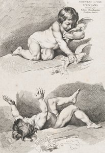 Dwoje nagich dzieci bawiących się liściem, z Nowej Księgi Dzieci, 1720-60.