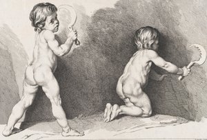 Dwoje nagich dzieci stojących, z Nowej Księgi Dzieci, 1720-60.