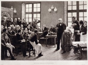Wykład kliniczny dr Charcota w Salpettière w 1887 r. Studenci z wydziału profesora Jeana Martina Charcota, który wyjaśnia przypadek Blanche Wittman, jego pacjentki i świnki morskiej, wolą jej badania nad histerią. Był asystentem Jo autorstwa Pierre Andre (after) Brouillet
