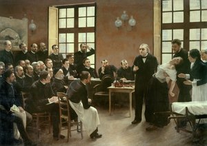 Wykład kliniczny dr Charcota w Salpetriere w 1887 r. Studenci wydziału profesora Jeana Martina Charcota (1825-1893), który wyjaśnia przypadek Blanche Wittman, jego pacjentki i świnki morskiej, wolą jej badania nad histerią. Był asem