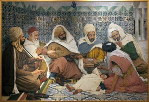 Egzorcyzmy: arabscy muzycy wypędzający dżiny z ciała dziecka. Obraz Andre Brouilleta (1857-1914), olej na płótnie