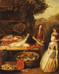 Sprzedawca ryb pokazujący pokojówce szczupaka, 1727