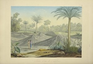 Air Volcanoes of Turbaco, grawerowane przez Bouquet, ilustracja z „Widoki kordylierów i pomników rdzennych ludów Ameryki” autorstwa Alexandra von Humboldta i Aime Bonplanda autorstwa Pierre Antoine (after) Marchais