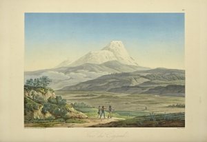 Widok Cajambe, wygrawerowany przez Bouquet, ilustracja z „Widoki Kordylierów i pomników rdzennych ludów Ameryki” autorstwa Alexandra von Humboldta i Aime Bonpland autorstwa Pierre Antoine (after) Marchais