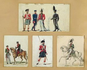 Mundury szkockich żołnierzy oraz oficerów pruskich, angielskich, hanowerskich i rosyjskich w 1814 r.