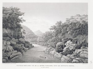 Nowa Holandia: Widok na rzekę Warragamba w Górach Błękitnych, z „Voyage Autour du Monde (1817-20)”, Louis Claude De Saulces de Freycinet (1779-1842) rytowany przez Schroedera, opublikowany 1822-24 (li