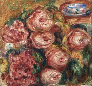 Kompozycja z różami i filiżanką herbaty autorstwa Pierre Auguste Renoir