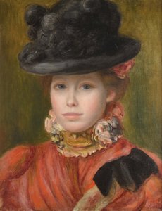 Dziewczyna w czarnym kapeluszu z czerwonymi kwiatami - Dziewczyna w czarnym kapeluszu z czerwonymi kwiatami autorstwa Renoira, Pierre Auguste (1841-1919), ok. 1930 r. 1890 - Olej na płótnie - Kolekcja prywatna autorstwa Pierre Auguste Renoir