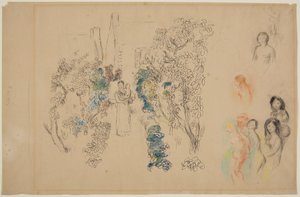 Krajobraz i figury (ołówek, tusz, wc i kredka na papierze) autorstwa Pierre Auguste Renoir