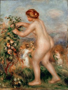 Oda do kwiatów. Naga kobieta ceuillating róże ma drzewo różane. Obraz Pierre Auguste Renoir (Pierre-Auguste