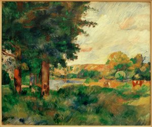 Krajobraz Ile de France z wysokimi drzewami autorstwa Pierre Auguste Renoir