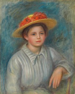 Portret kobiety w kapeluszu z kwiatami; Portret kobiety w kwiecistym kapeluszu, ok. 1890 r. autorstwa Pierre Auguste Renoir