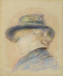 Profil młodej kobiety w niebieskim kapeluszu (pastel na papierze)