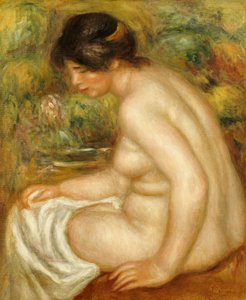 Widok z boku siedzącego kąpiącego się autorstwa Pierre Auguste Renoir