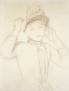 Młoda kobieta organizując jej kapelusz; Młoda dziewczyna układa kapelusz, c.1885 autorstwa Pierre Auguste Renoir