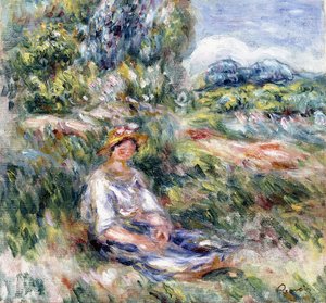 Młoda kobieta siedząca na łące, autorstwa Pierre Auguste Renoir