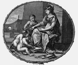Kobieca alegoria rozumu i kreatywności w otoczeniu dzieci, 1695-1697 (rycina) autorstwa Pierre Bayle